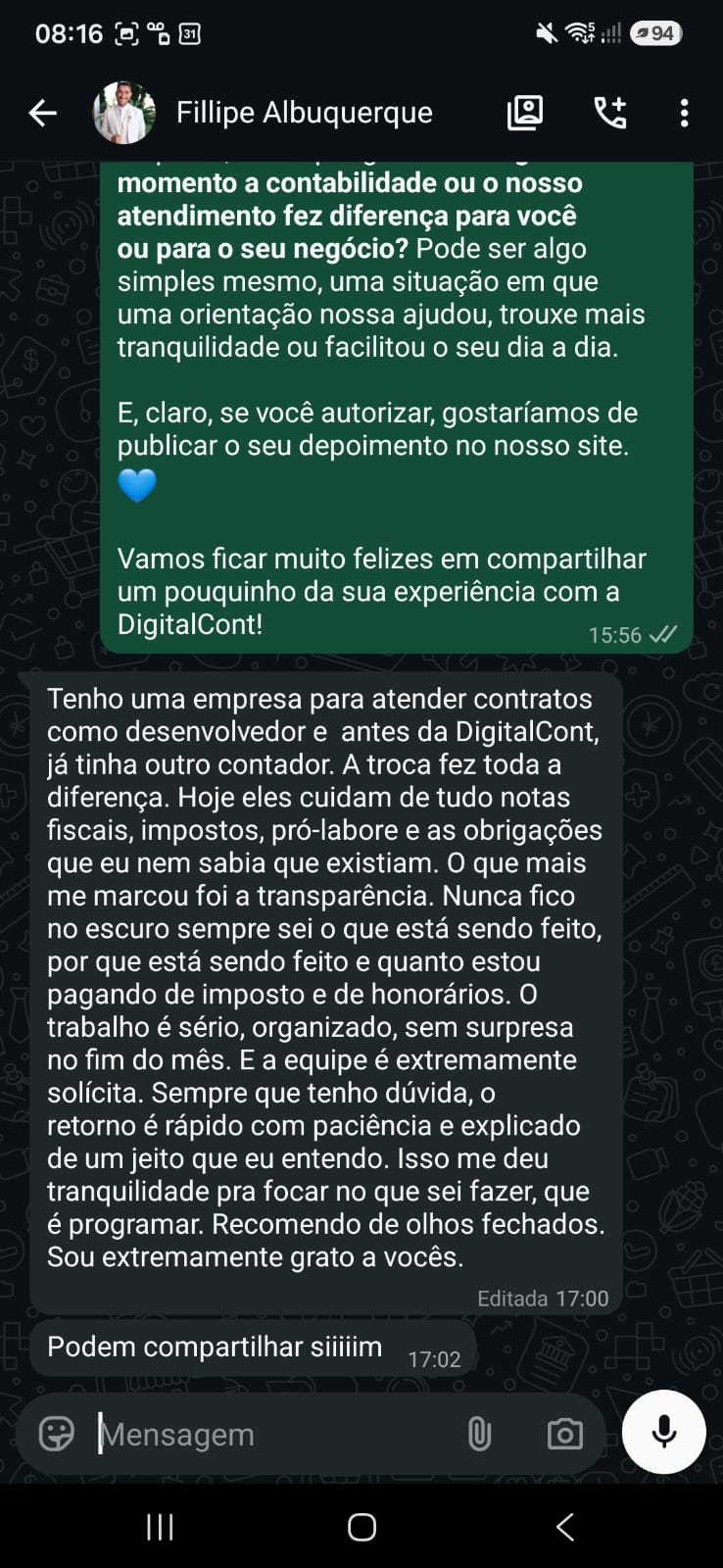 Print do WhatsApp com o depoimento do Fillipe Albuquerque